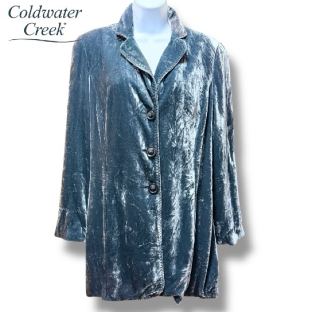 Coldwater Creek Silk Velvet Jacket Blazer Teal 3-Button Whimsygoth | Sz 14 P